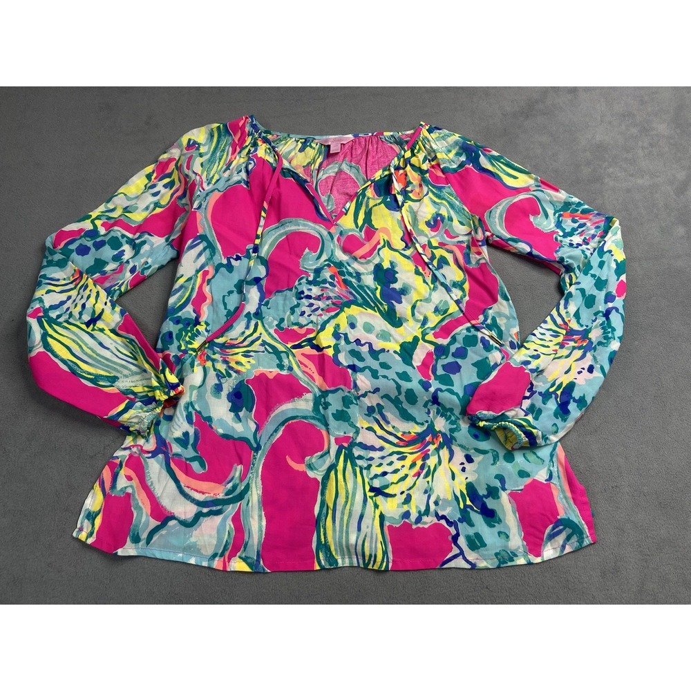 Lilly Pulitzer Blouse Womens XXS Pink Willa Artsy Colorful Rayon Tunic Light